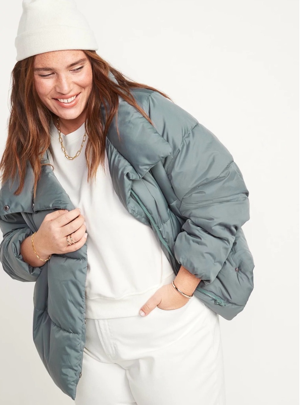 Old Navy Water-Resistant Double-Breasted Puffer Jacket in Thyme to Pretend